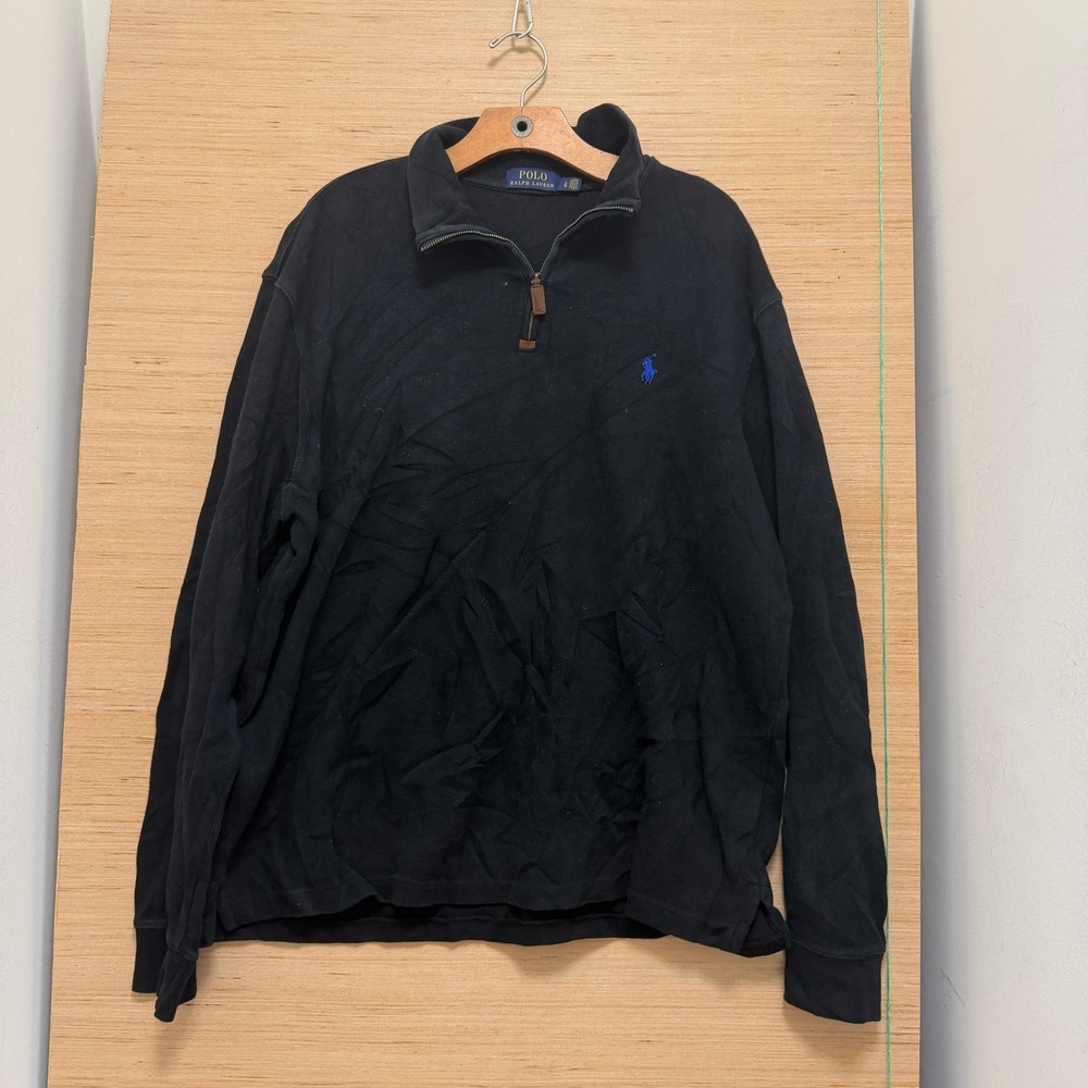 Polo Ralph Lauren Mens Black Quarter Zip Pullover‎ Blue Pony Logo Cotton Large